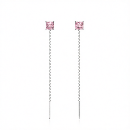 Pink Crystal & Silvertone Cube Threader Earrings