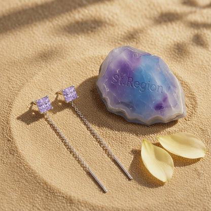 Purple Crystal and Silvertone Cube Threader Earrings, dainty minimalist design, detail close-up