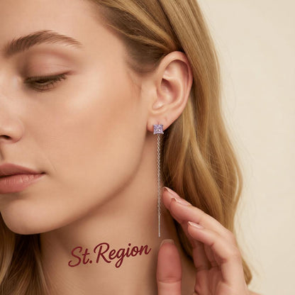Purple Crystal and Silvertone Cube Threader Earrings, dainty minimalist design, styled look