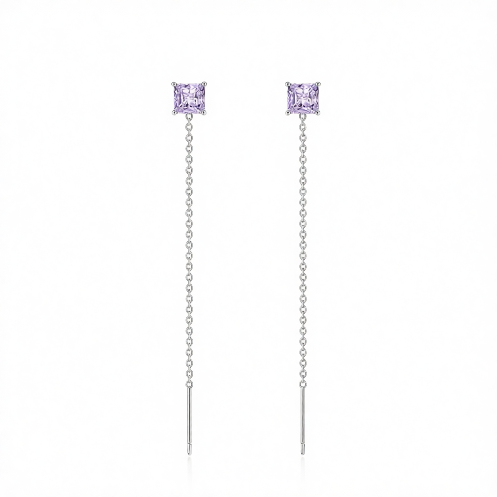 Purple Crystal & Silvertone Cube Threader Earrings