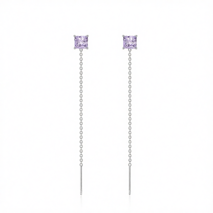 Purple Crystal & Silvertone Cube Threader Earrings