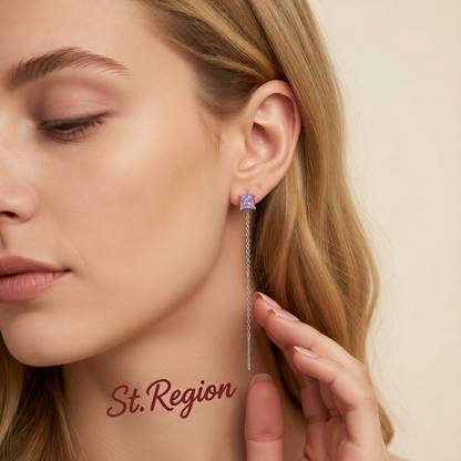 Purple Crystal & Silvertone Cube Threader Earrings