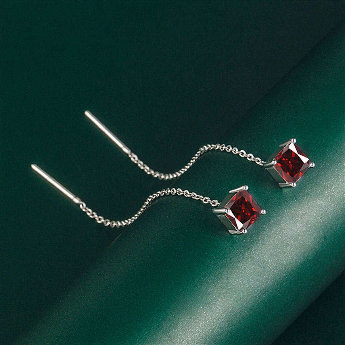 Red Crystal & Silver-Plated Cube Threader Earrings