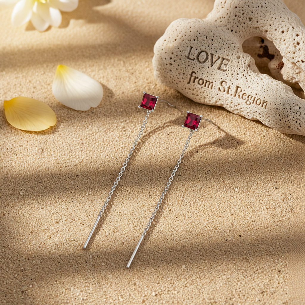 Red Crystal & Silvertone Cube Threader Earrings
