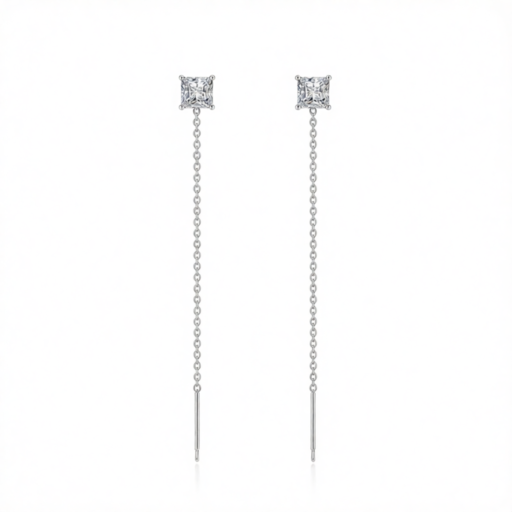 Clear Crystal & Silvertone Cube Threader Earrings