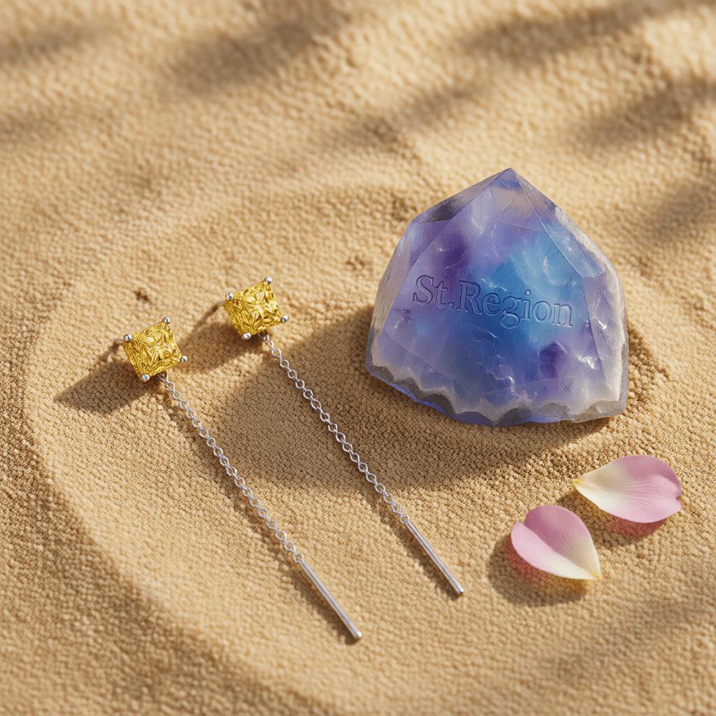Yellow Crystal and Silvertone Cube Threader Earrings, dainty minimalist design, detail close-up