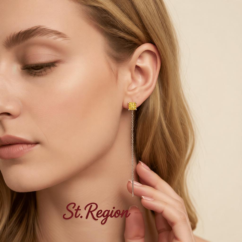 Yellow Crystal and Silvertone Cube Threader Earrings, dainty minimalist design, styled look