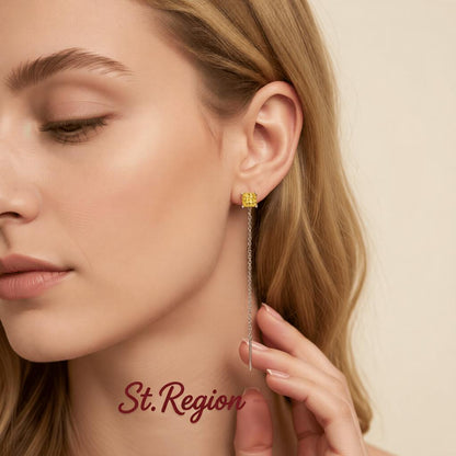 Yellow Crystal and Silvertone Cube Threader Earrings, dainty minimalist design, styled look