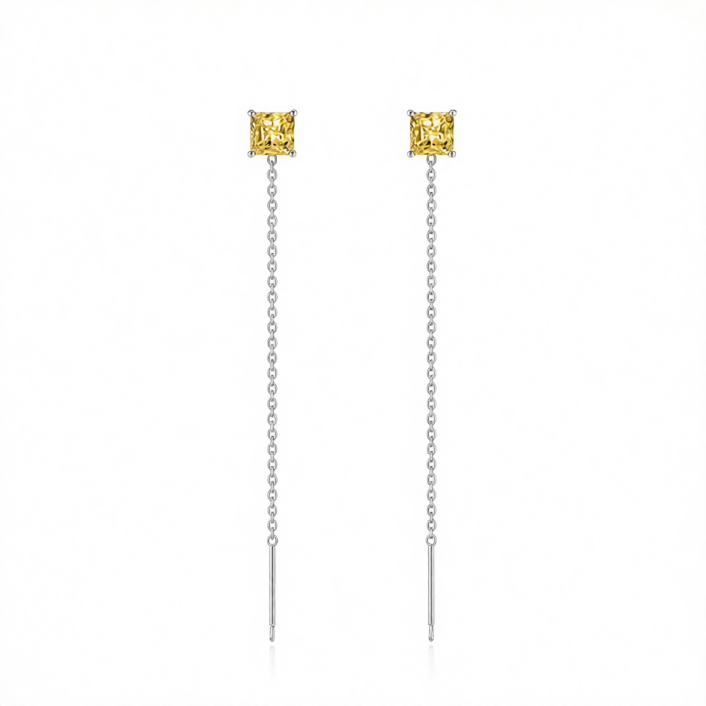 Yellow Crystal & Silvertone Cube Threader Earrings