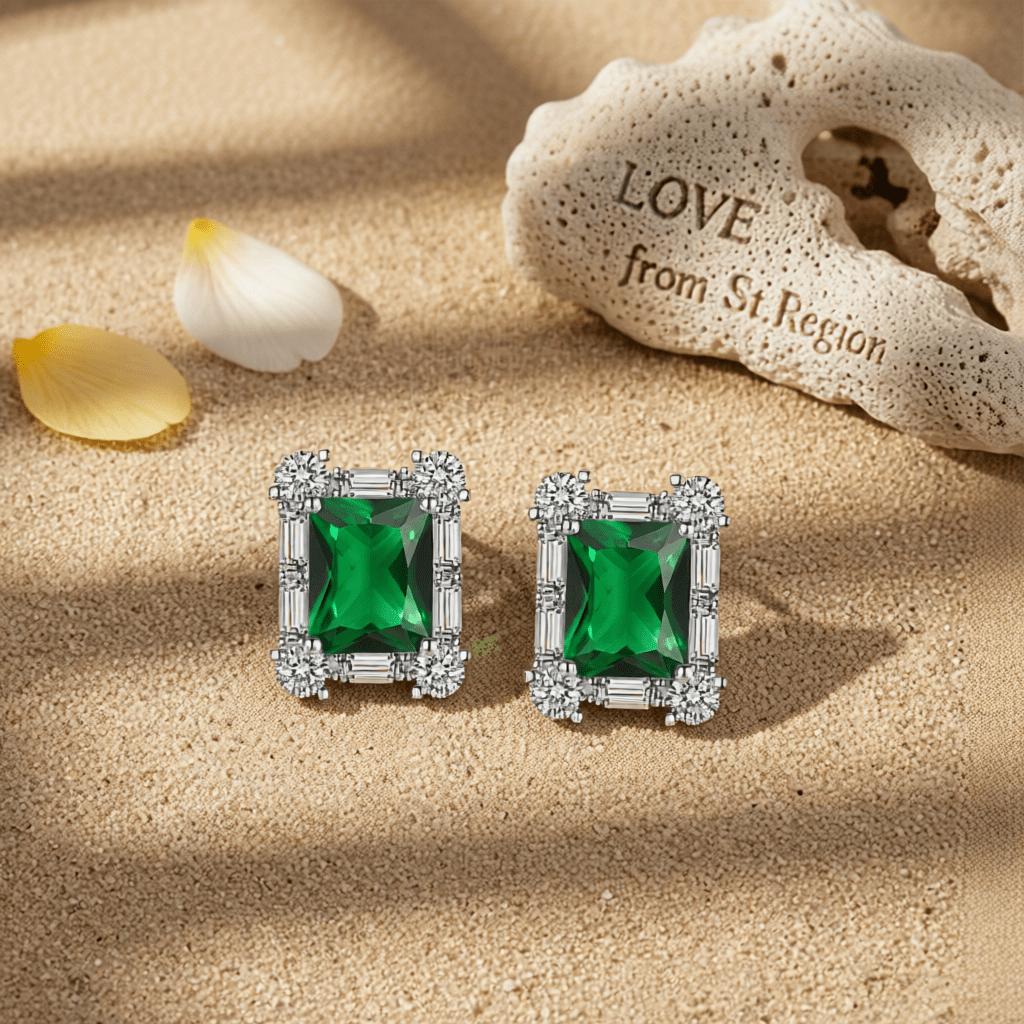 Green Crystal and Cubic Zirconia Silvertone Rectangular Stud Earrings, cubic zirconia stud earrings for women, lifestyle look