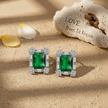 Green Crystal & Cubic Zirconia Silvertone Rectangular Stud Earrings