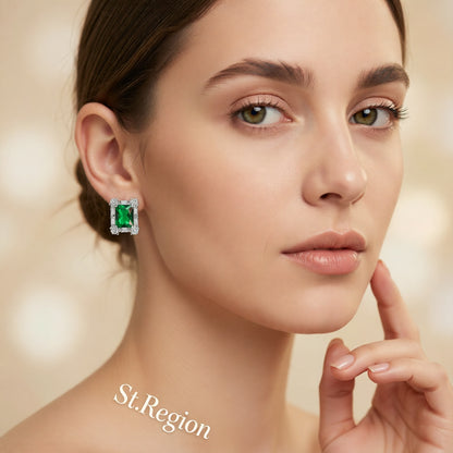Green Crystal & Cubic Zirconia Silvertone Rectangular Stud Earrings