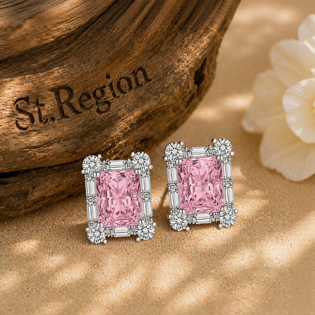 Pink Crystal and Cubic Zirconia Silvertone Rectangular Stud Earrings, cubic zirconia stud earrings for women, front view