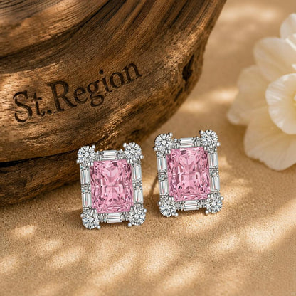 Pink Crystal and Cubic Zirconia Silvertone Rectangular Stud Earrings, cubic zirconia stud earrings for women, front view
