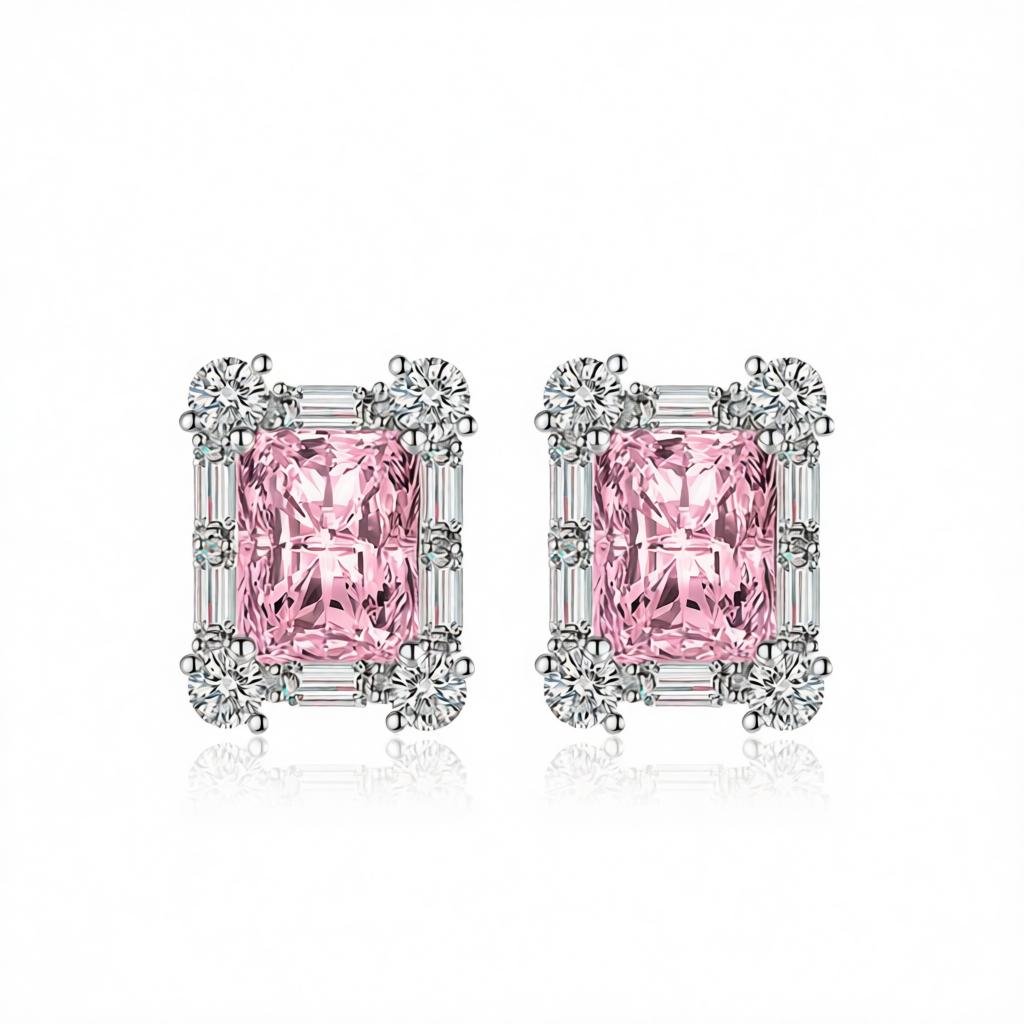 Pink Crystal and Cubic Zirconia Silvertone Rectangular Stud Earrings, cubic zirconia stud earrings for women, side view
