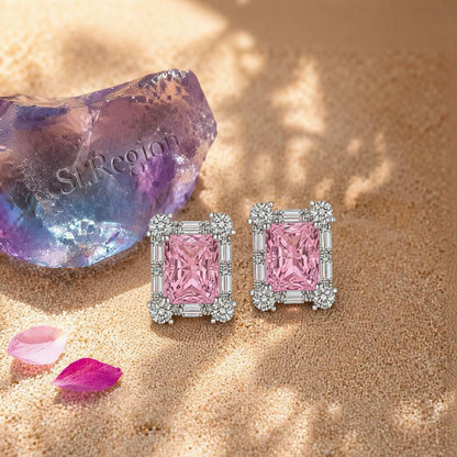 Pink Crystal and Cubic Zirconia Silvertone Rectangular Stud Earrings, cubic zirconia stud earrings for women, detail close-up