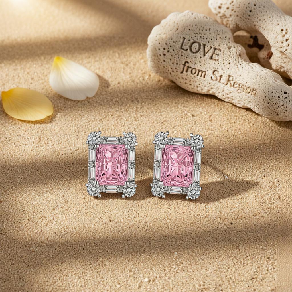 Pink Crystal and Cubic Zirconia Silvertone Rectangular Stud Earrings, cubic zirconia stud earrings for women, lifestyle look