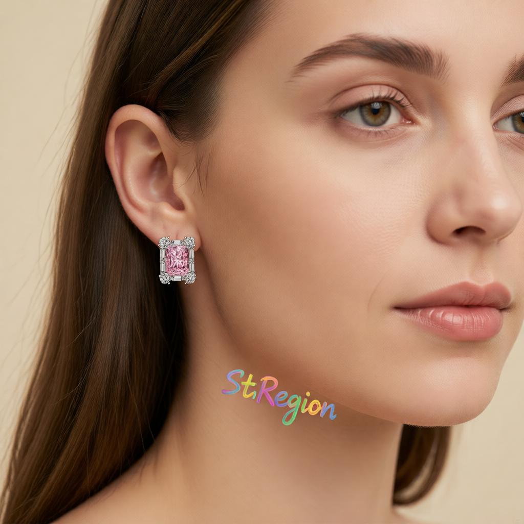 Pink Crystal and Cubic Zirconia Silvertone Rectangular Stud Earrings, cubic zirconia stud earrings for women, styled look
