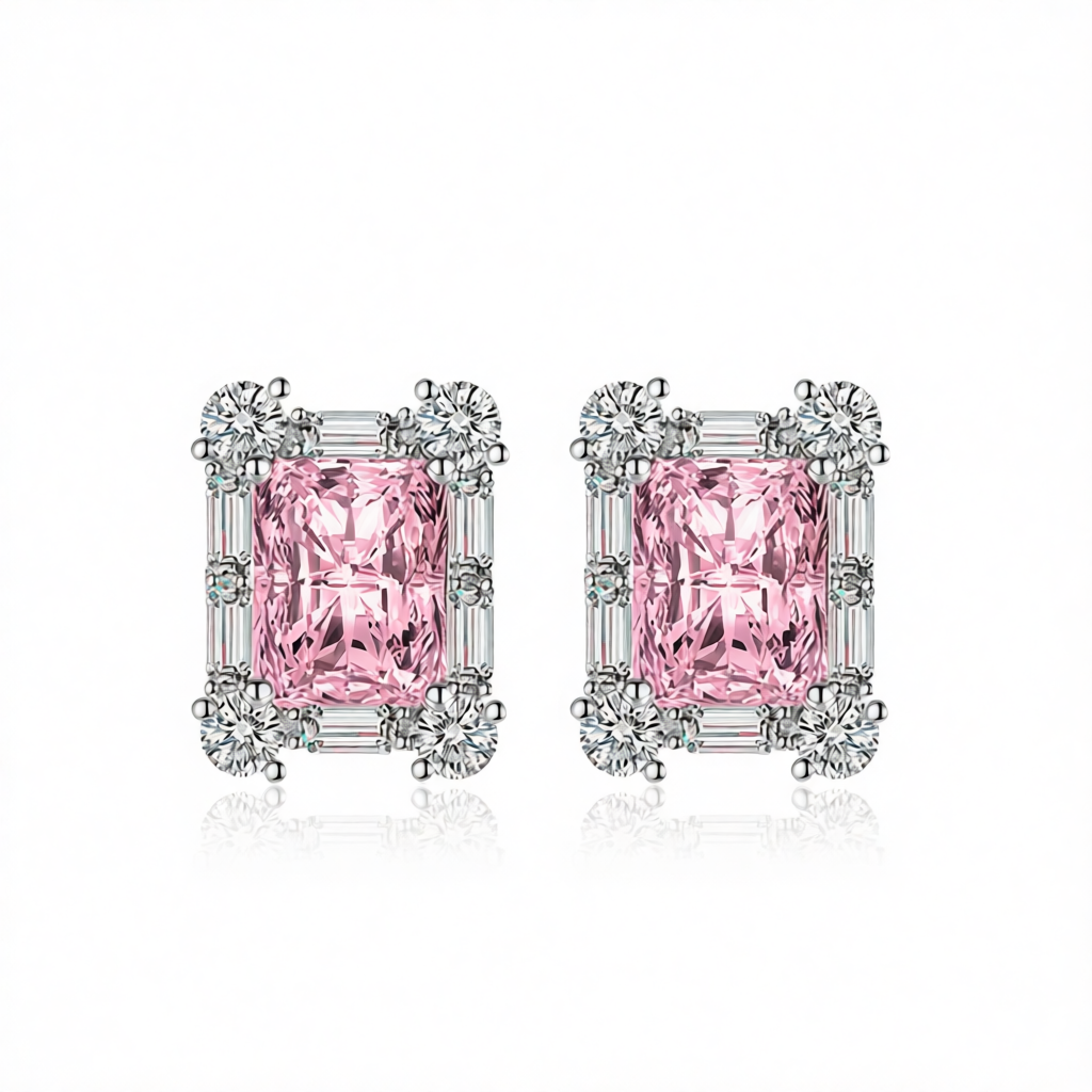 Pink Crystal & Cubic Zirconia Silvertone Rectangular Stud Earrings