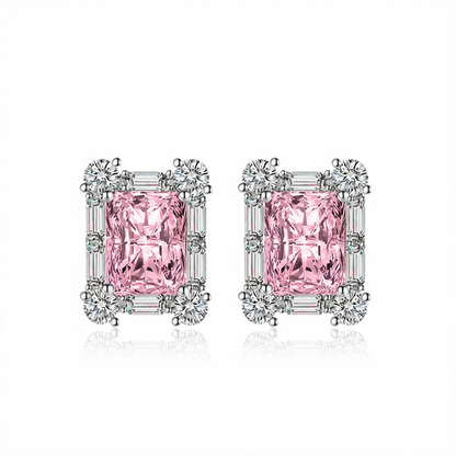 Pink Crystal & Cubic Zirconia Silvertone Rectangular Stud Earrings