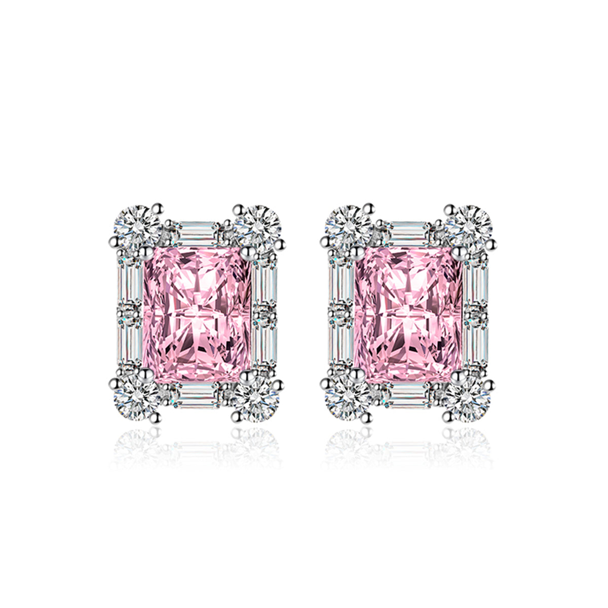 Pink Crystal & Cubic Zirconia Silver-Plated Rectangular Stud Earrings