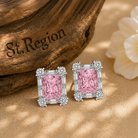 Pink Crystal & Cubic Zirconia Silvertone Rectangular Stud Earrings