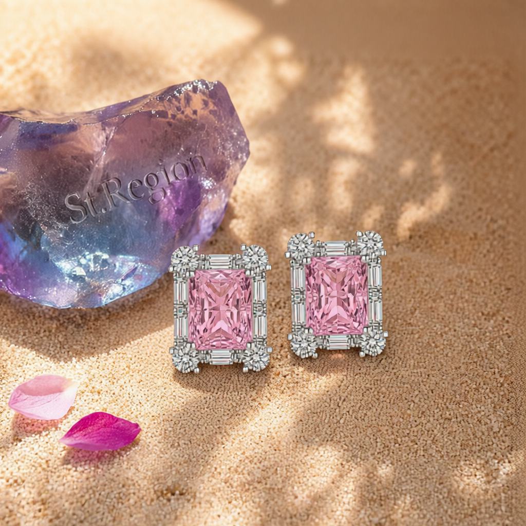 Pink Crystal & Cubic Zirconia Silvertone Rectangular Stud Earrings