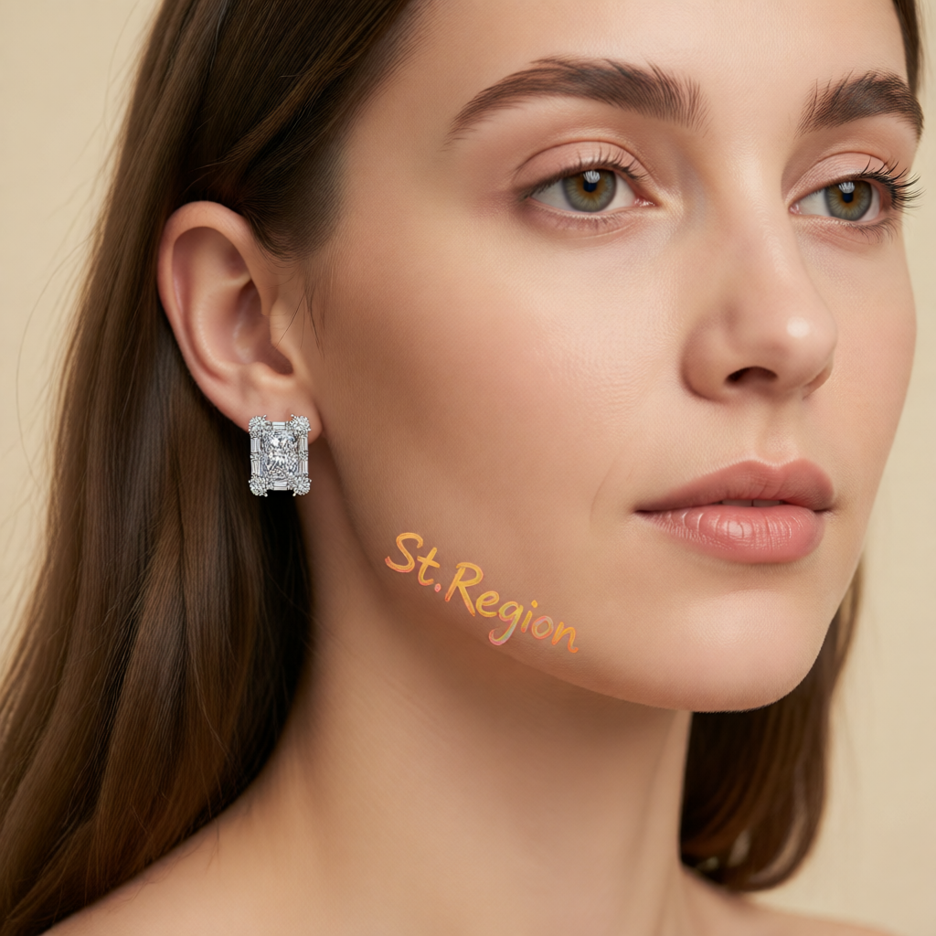 Clear Crystal & Cubic Zirconia Silvertone Rectangular Stud Earrings