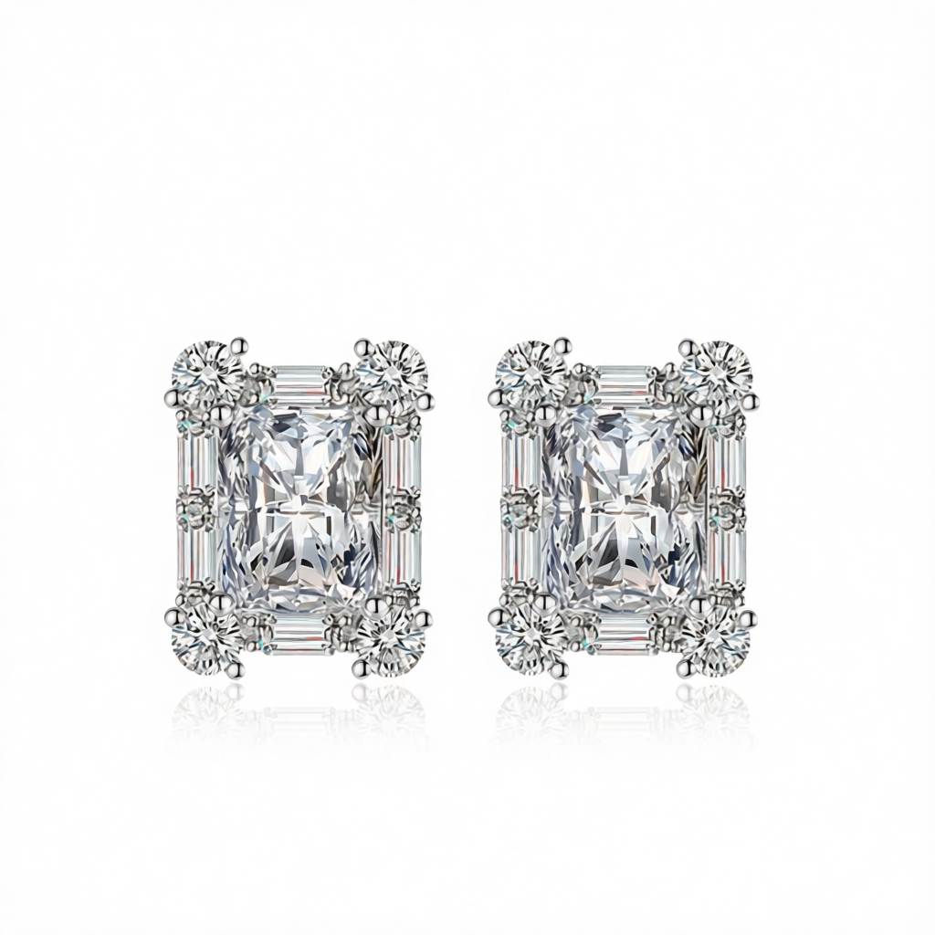 Clear Crystal & Cubic Zirconia Silvertone Rectangular Stud Earrings
