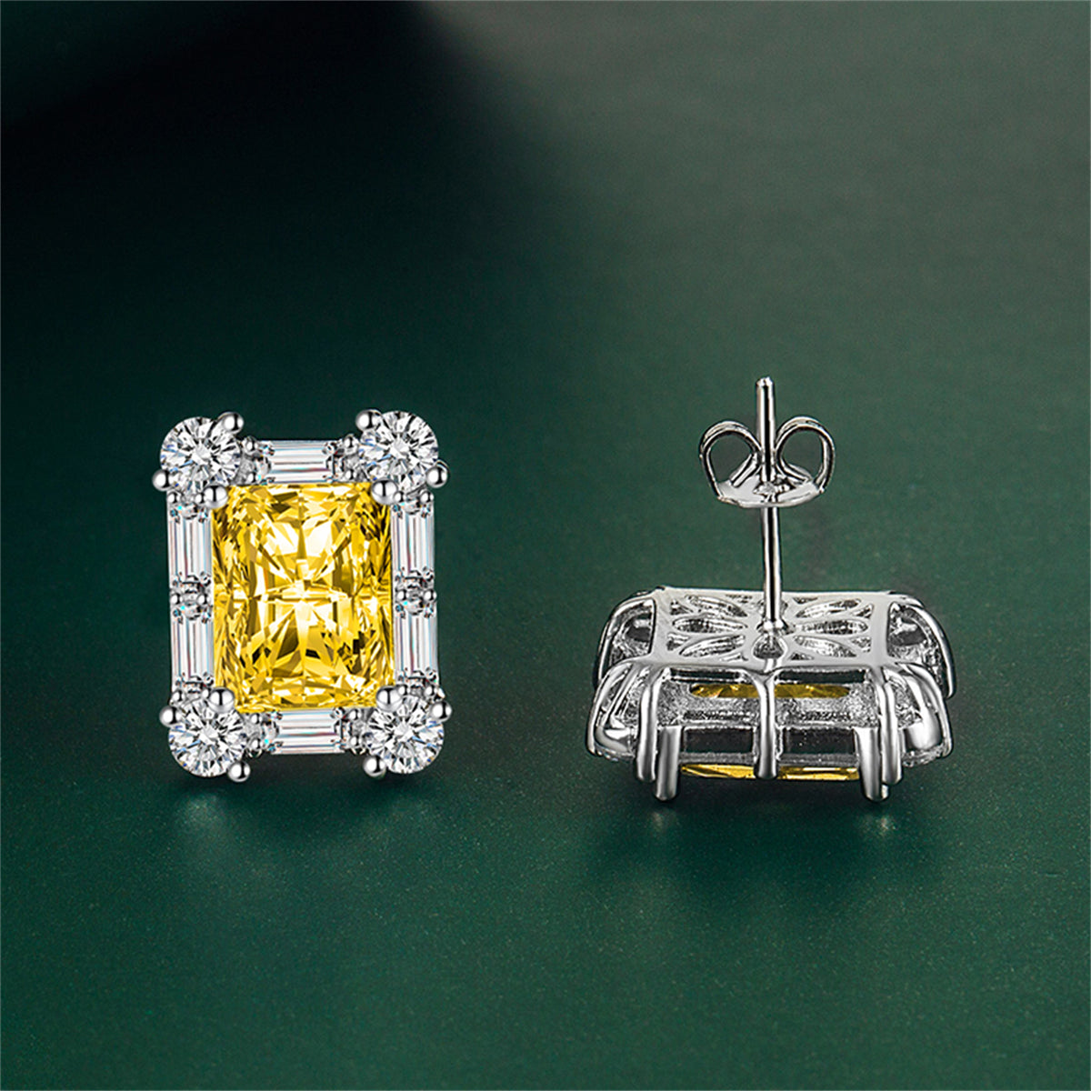 Yellow Crystal & Cubic Zirconia Silver-Plated Rectangular Stud Earrings
