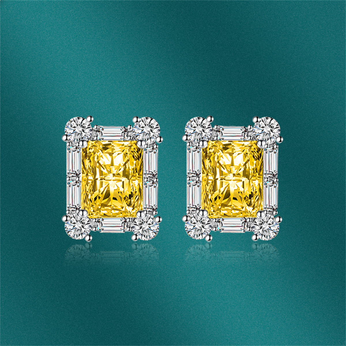 Yellow Crystal & Cubic Zirconia Silver-Plated Rectangular Stud Earrings