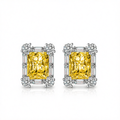 Yellow Crystal & Cubic Zirconia Silvertone Rectangular Stud Earrings