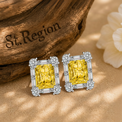 Yellow Crystal & Cubic Zirconia Silvertone Rectangular Stud Earrings