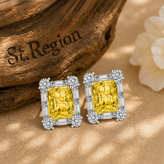 Yellow Crystal & Cubic Zirconia Silvertone Rectangular Stud Earrings