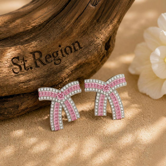 Pink Crystal & Cubic Zirconia Bow Stud Earrings