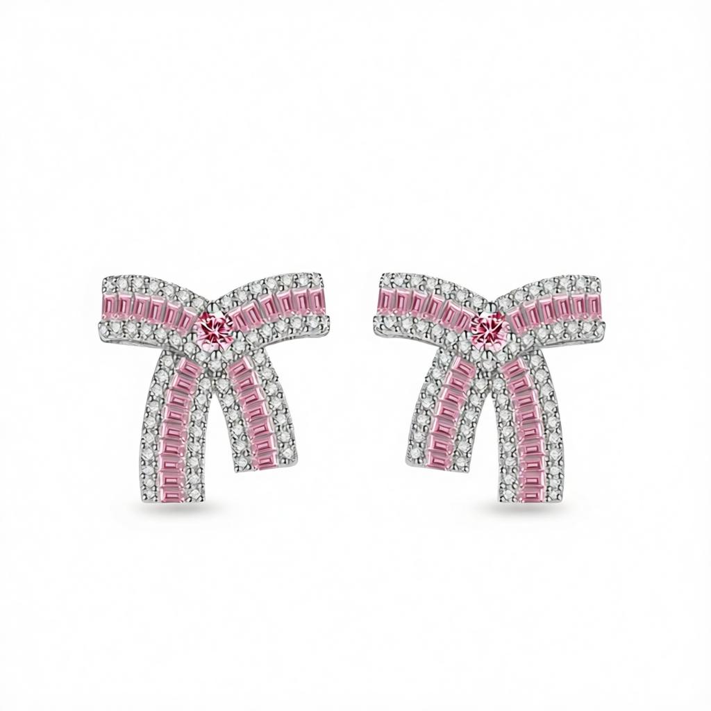 Pink Crystal and Cubic Zirconia Bow Stud Earrings, cubic zirconia stud earrings for women, side view