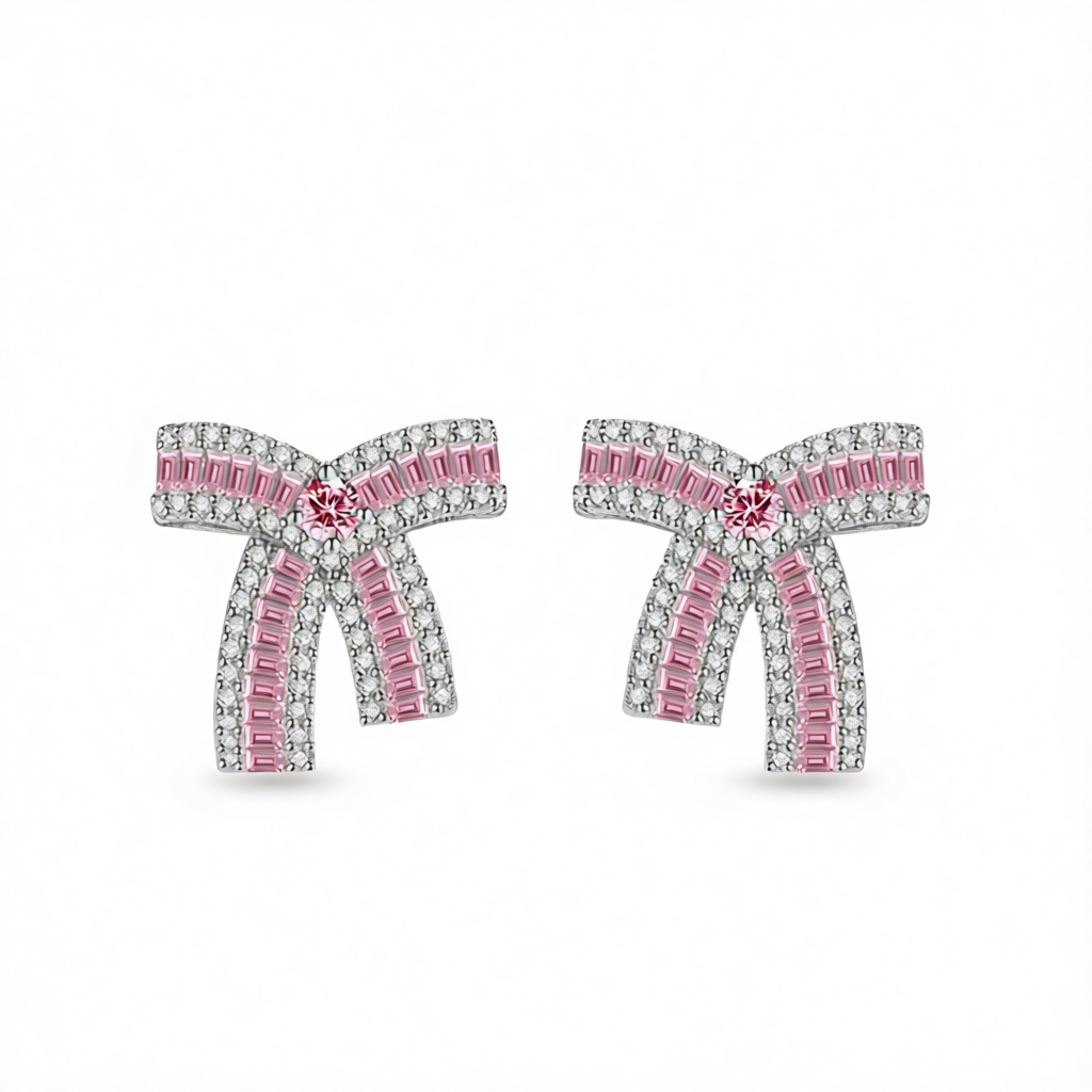 Pink Crystal & Cubic Zirconia Bow Stud Earrings