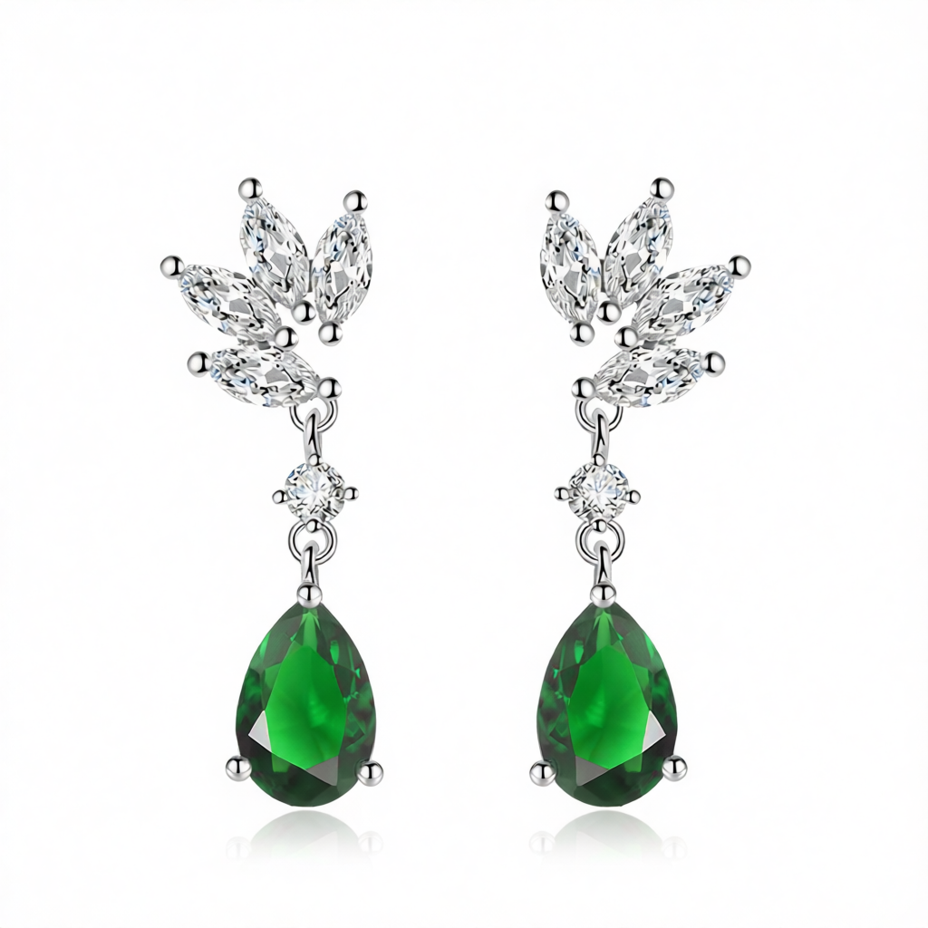Cubic Zirconia & Green Crystal Botanical Drop Earrings