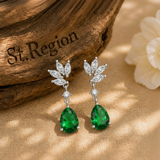 Cubic Zirconia & Green Crystal Botanical Drop Earrings