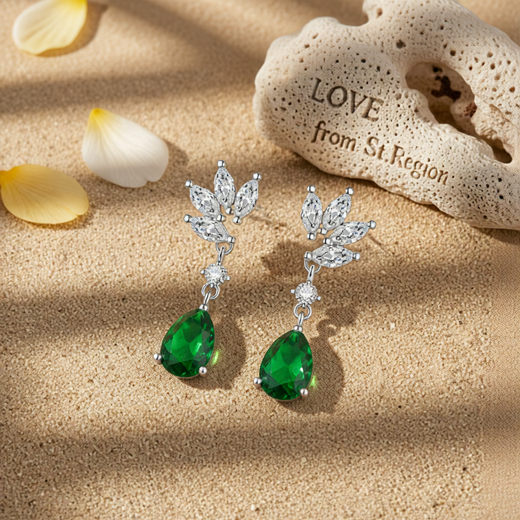 Cubic Zirconia & Green Crystal Botanical Drop Earrings