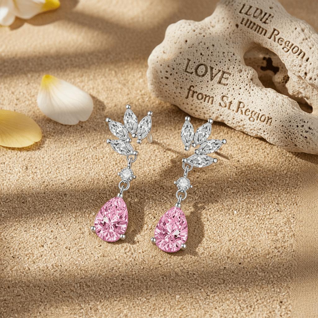 Cubic Zirconia and Pink Crystal Botanical Drop Earrings, drop earrings for women, elegant gift for her, lifestyle look