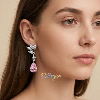 Cubic Zirconia and Pink Crystal Botanical Drop Earrings, drop earrings for women, elegant gift for her, styled look