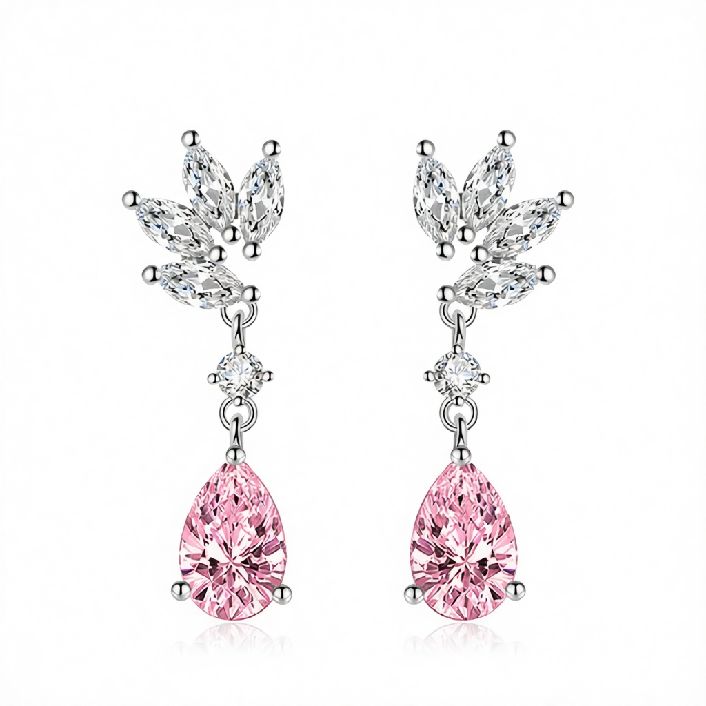 Cubic Zirconia & Pink Crystal Botanical Drop Earrings