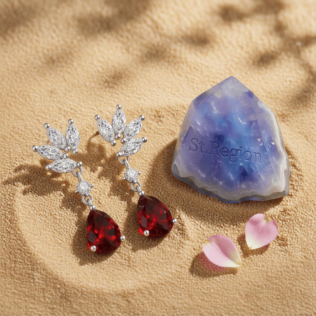 Cubic Zirconia and Red Crystal Botanical Drop Earrings, drop earrings for women, detail close-up