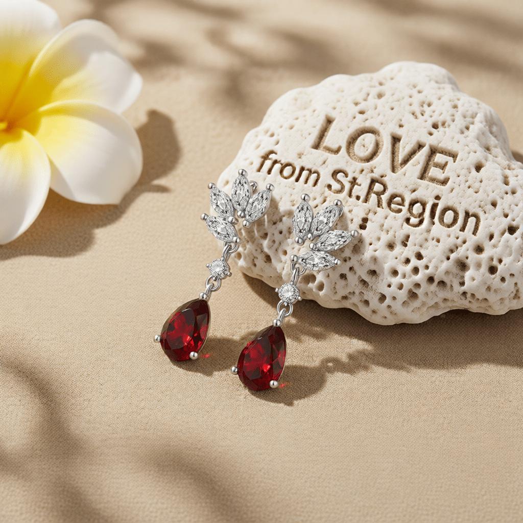 Cubic Zirconia and Red Crystal Botanical Drop Earrings, drop earrings for women, lifestyle look