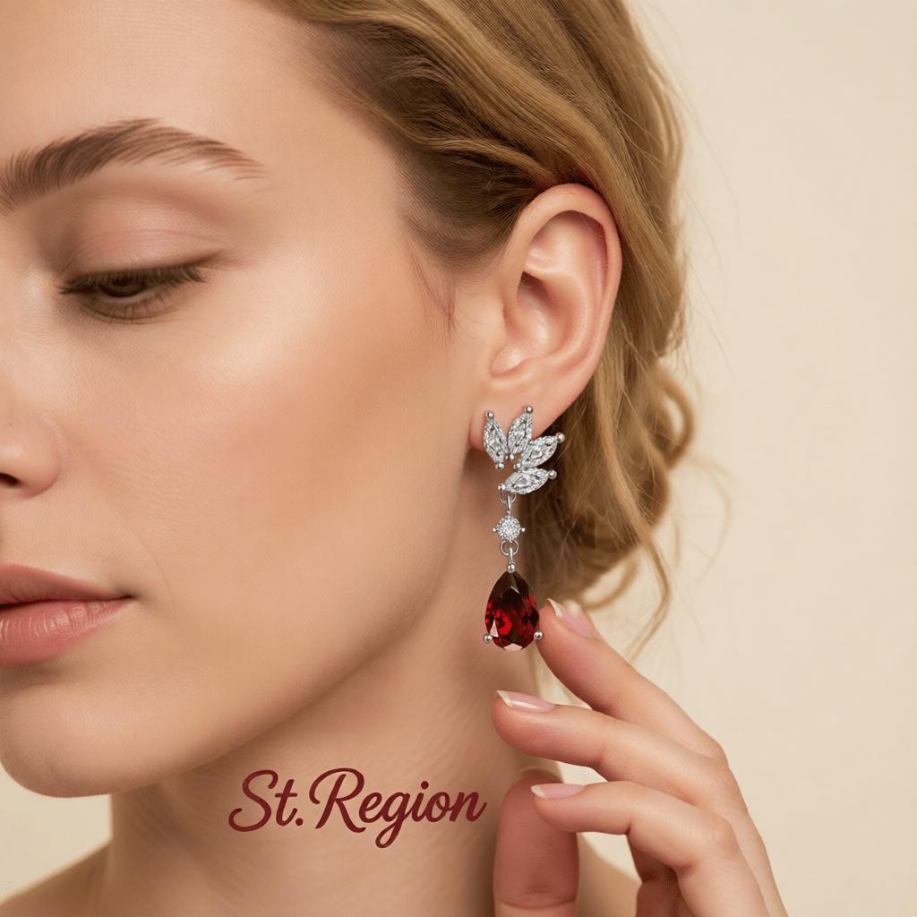 Cubic Zirconia and Red Crystal Botanical Drop Earrings, drop earrings for women, dainty minimalist design, styled look