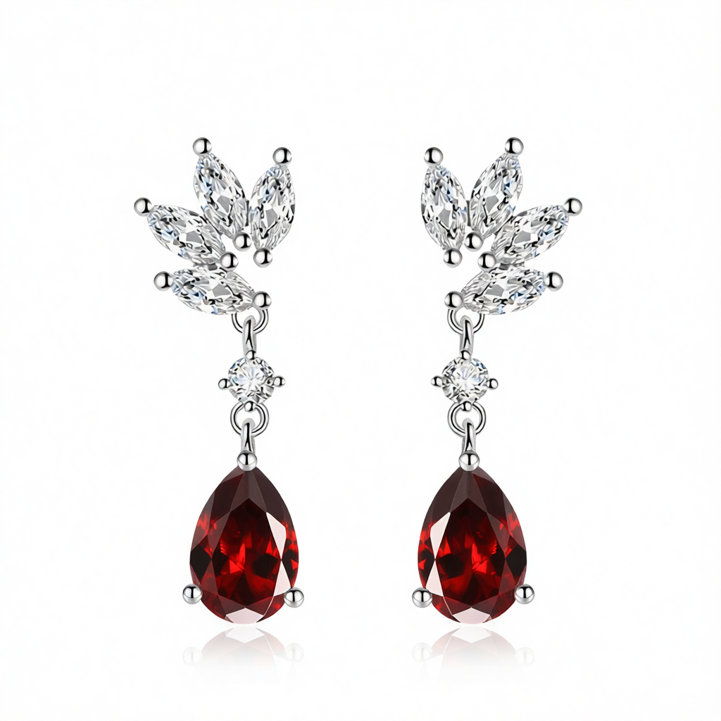 Cubic Zirconia & Red Crystal Botanical Drop Earrings