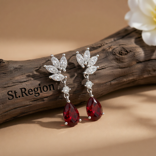 Cubic Zirconia & Red Crystal Botanical Drop Earrings