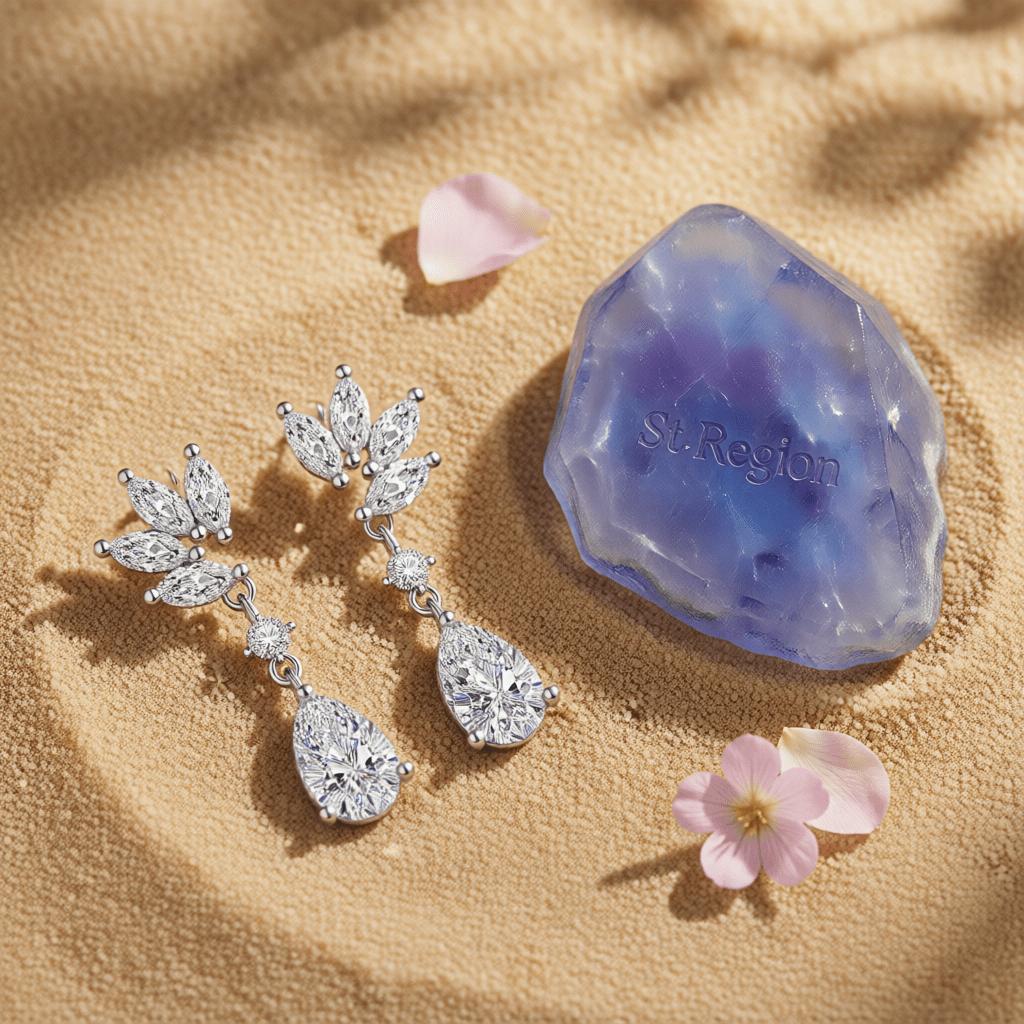 Cubic Zirconia and Clear Crystal Botanical Drop Earrings, drop earrings for women, detail close-up