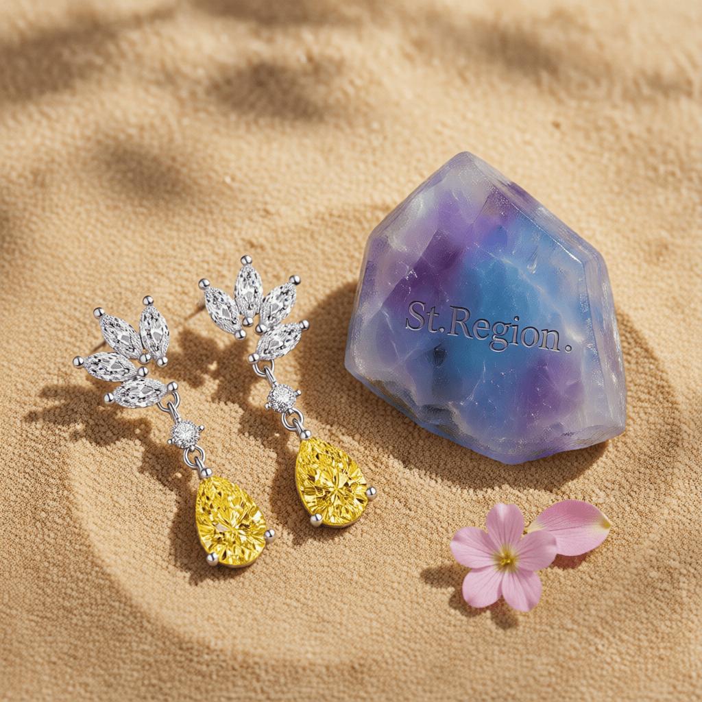 Cubic Zirconia and Yellow Crystal Botanical Drop Earrings, drop earrings for women, detail close-up